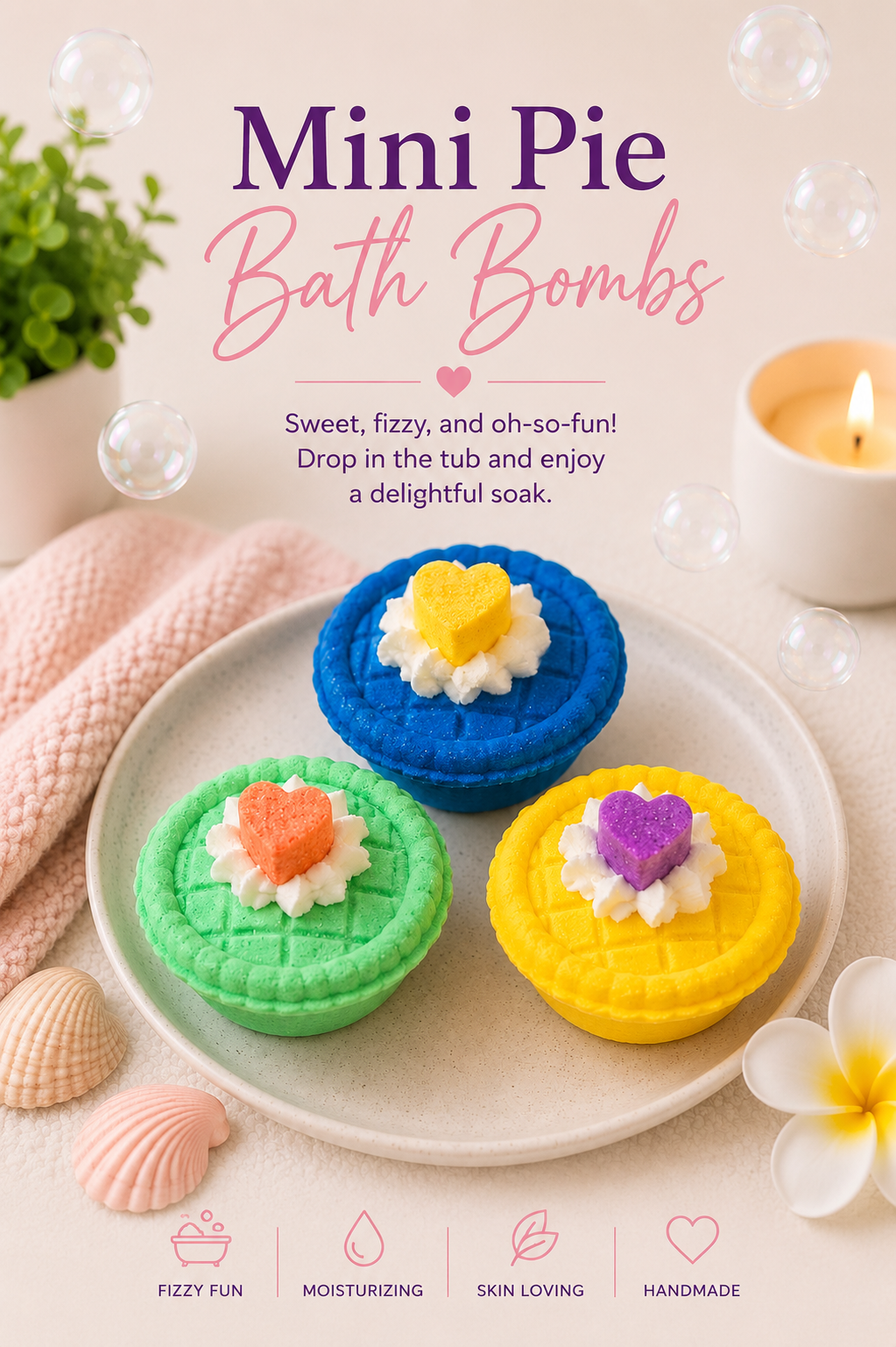 Mini pie bath bombs on a plate with a candle and plant in the background
