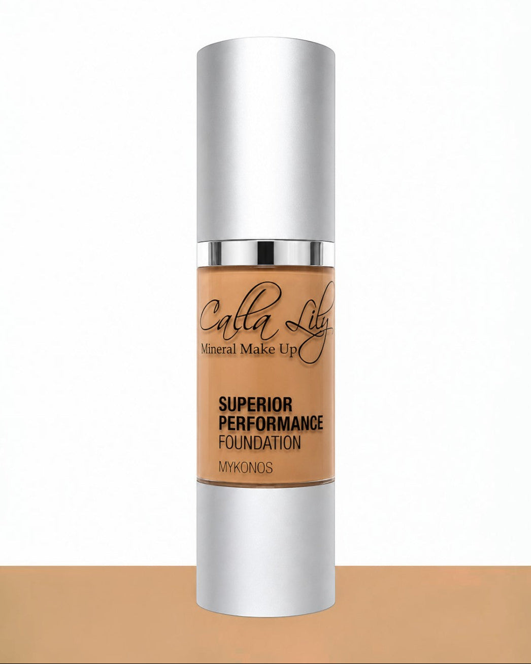 Calla Lily mineral makeup foundation bottle on a beige background