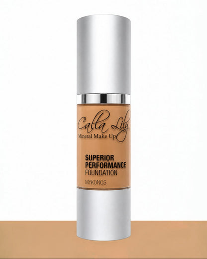 Calla Lily mineral makeup foundation bottle on a beige background