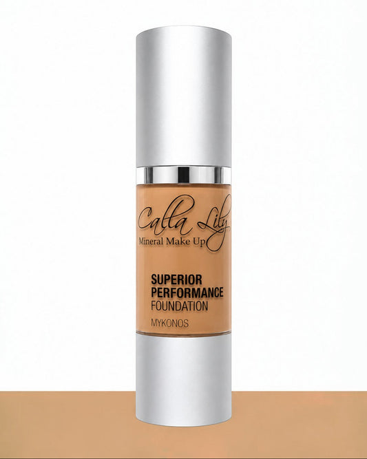 Calla Lily mineral makeup foundation bottle on a beige background