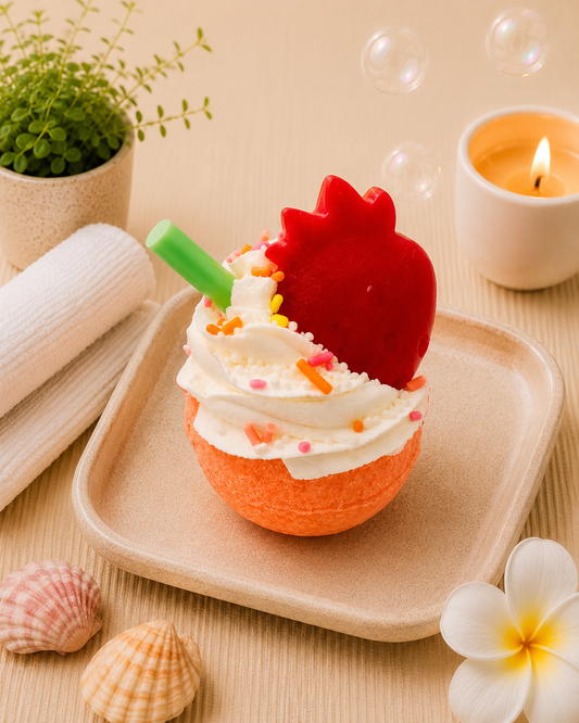Cupcake with whipped cream, red heart, and green straw on a wooden tray with bubbles and a candle in the background.