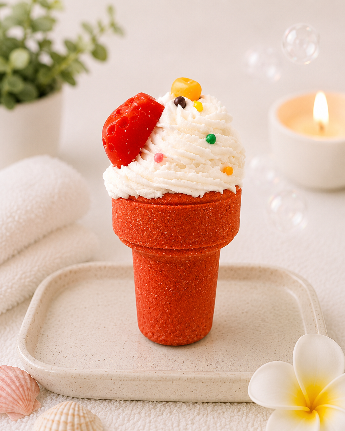Decorative ice cream cone with whipped cream and berries on a white surface with a candle and flowers.