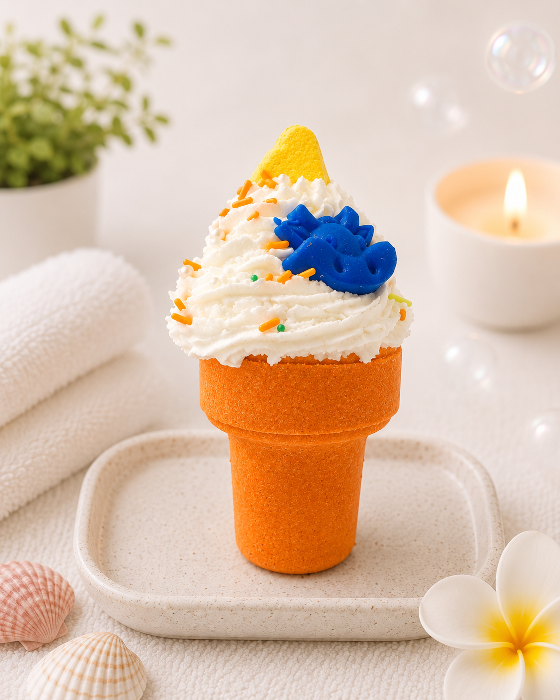 Toy ice cream cone with whipped cream, blue flowers, and a yellow cherry on a white surface with a candle and shell in the background.