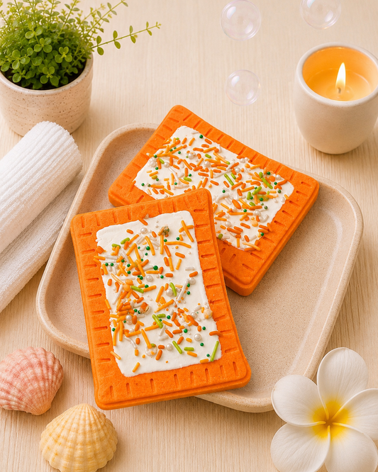 Two orange silicone mats with food on a wooden surface with a candle and plant.