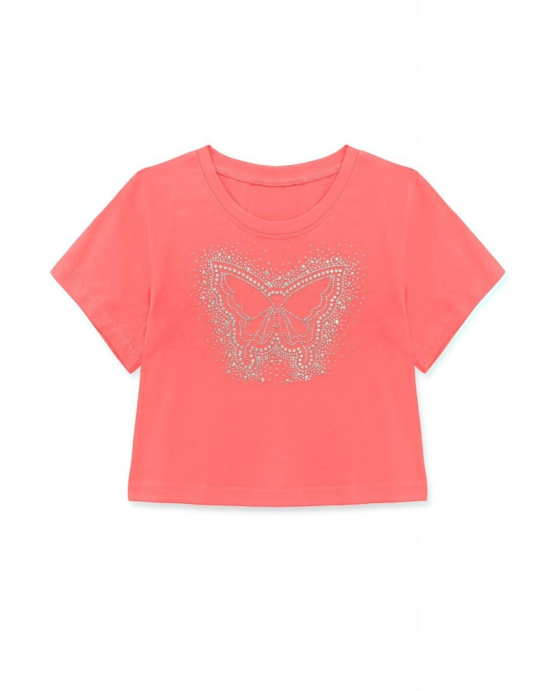 Coral t-shirt with a butterfly design on a white background