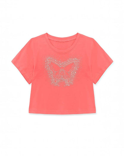 Coral t-shirt with a butterfly design on a white background