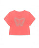 Coral t-shirt with a butterfly design on a white background