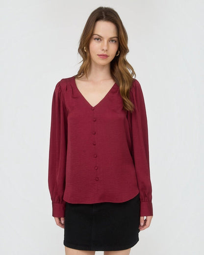 Satin V-Neck Button Down
