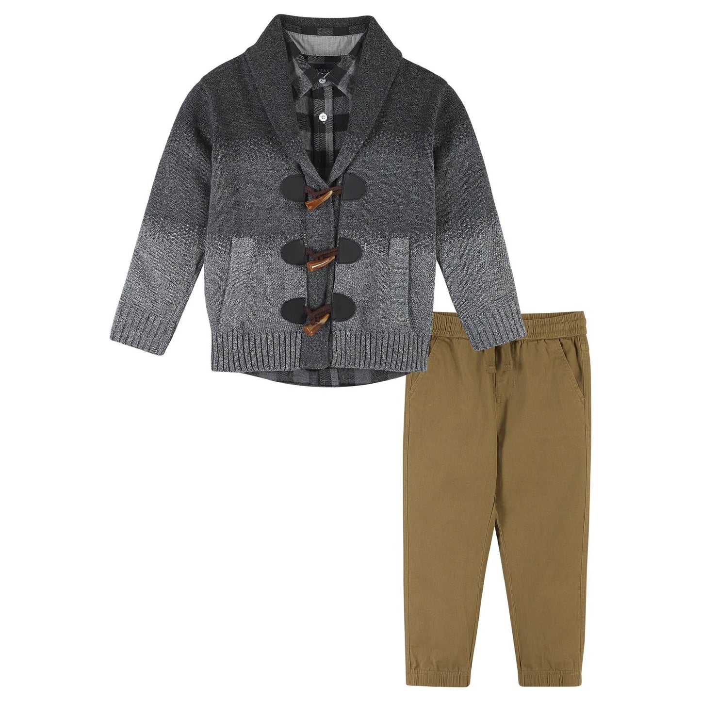 Children's outfit with gray cardigan and brown pants on a white background