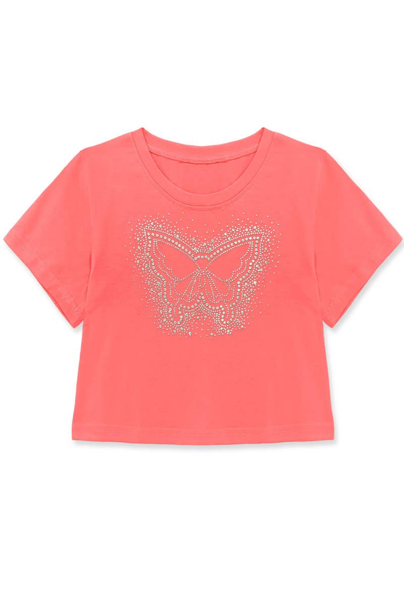 Coral t-shirt with a butterfly design on a white background