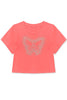 Coral t-shirt with a butterfly design on a white background