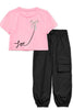 pink top and black pants set