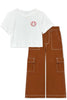 White t-shirt with a smiley face design and brown wide-leg pants on a white background