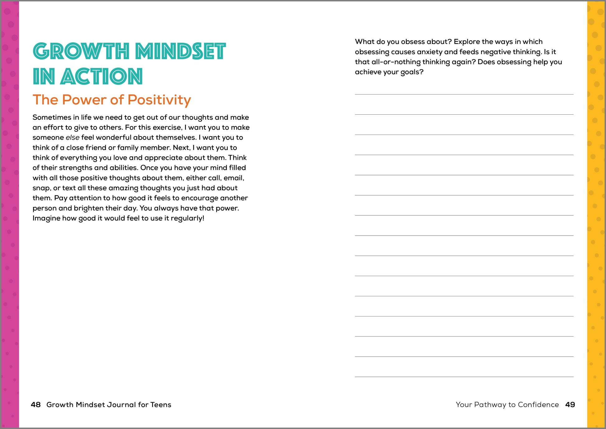 Growth Mindset Journal for Teens page on positivity with text and a lined section.