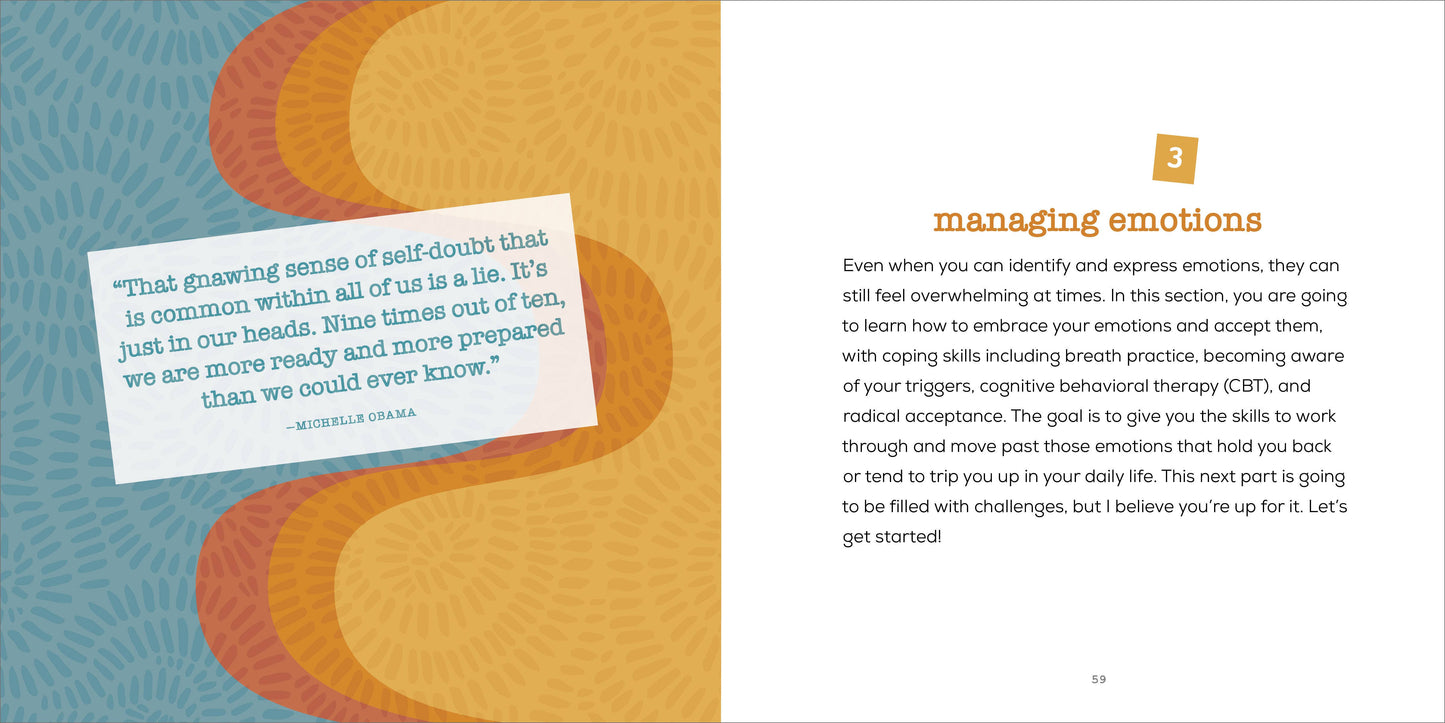 Book page with text and abstract design on a blue and orange background