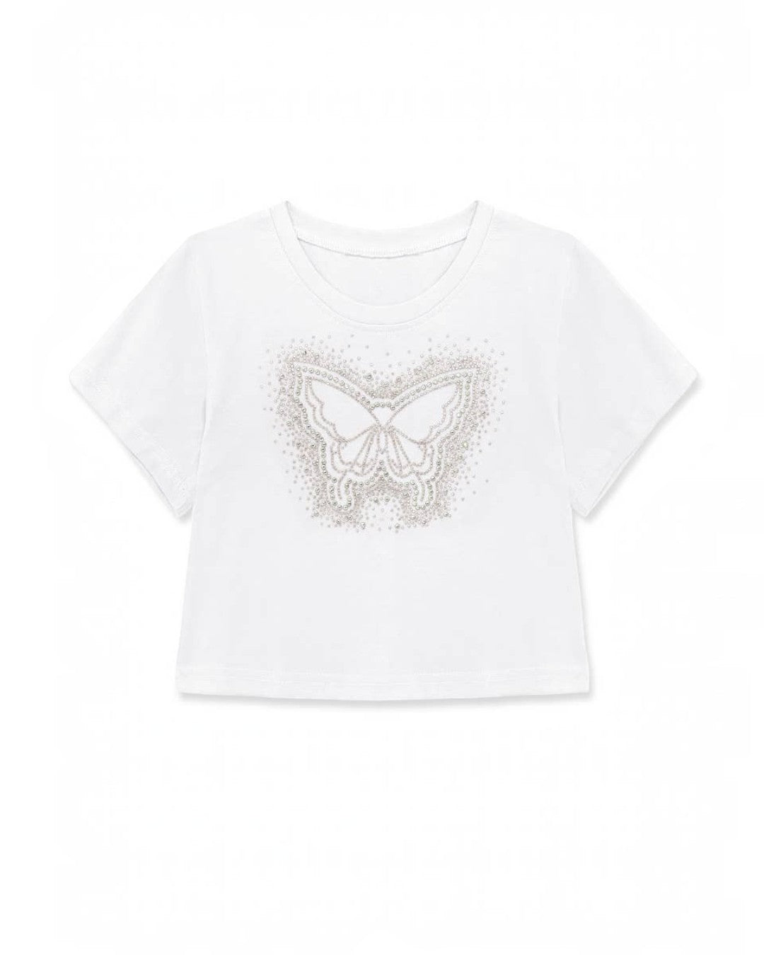 White t-shirt with a butterfly design on a white background