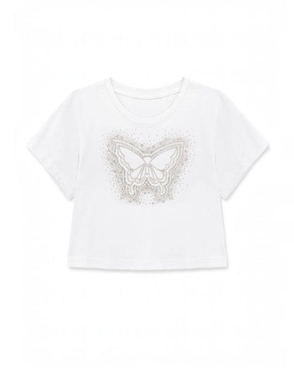 White t-shirt with a butterfly design on a white background