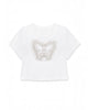 White t-shirt with a butterfly design on a white background