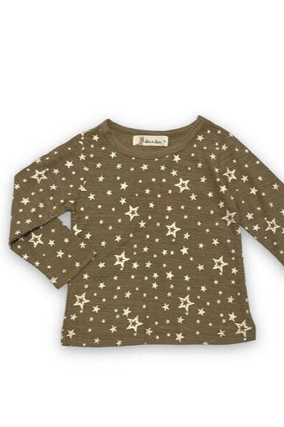 Green long-sleeve shirt with star pattern on a white background