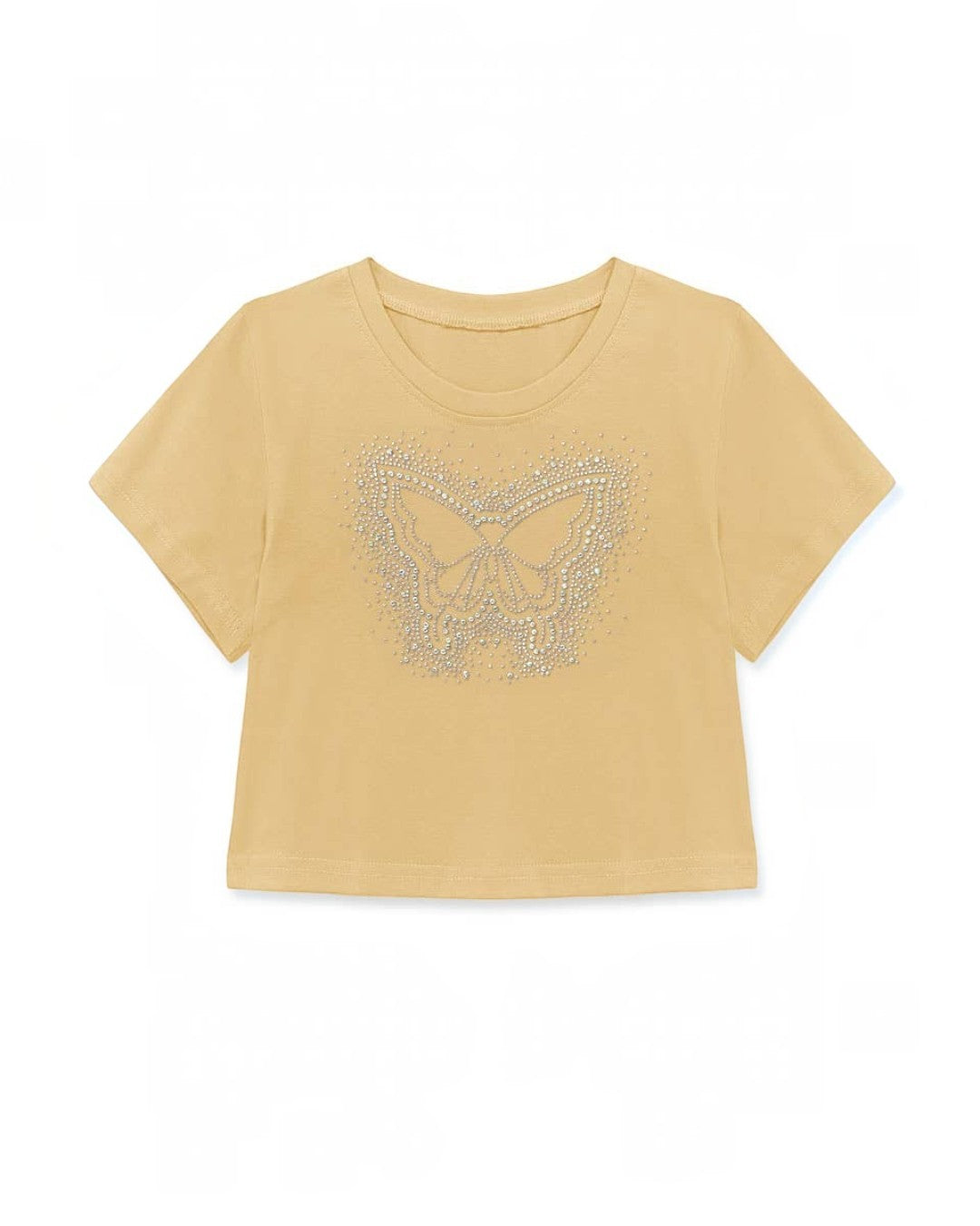 Tan t-shirt with a butterfly design on a white background