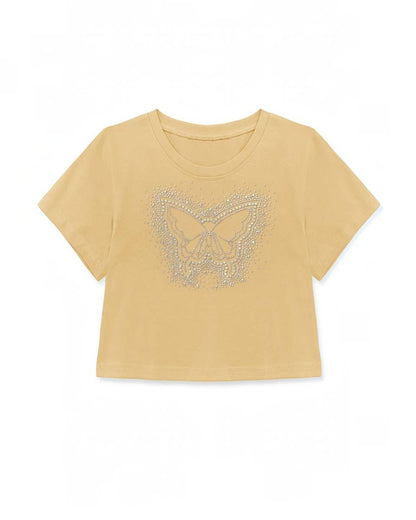 Tan t-shirt with a butterfly design on a white background