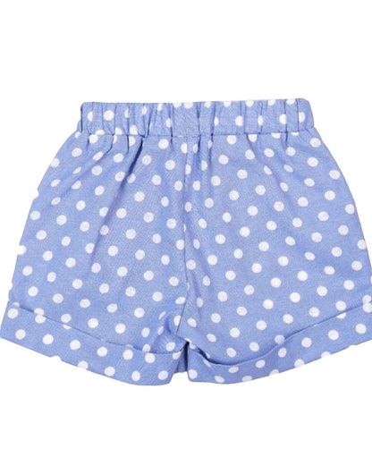 Blue shorts with white polka dots on a white background