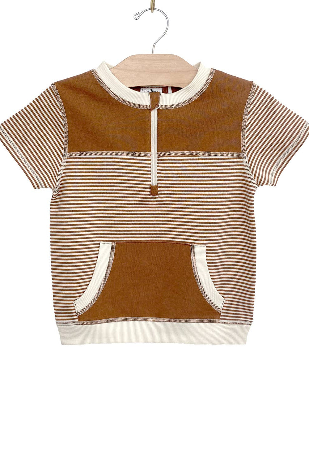 Children's brown and beige striped shirt on a hanger against a white background
