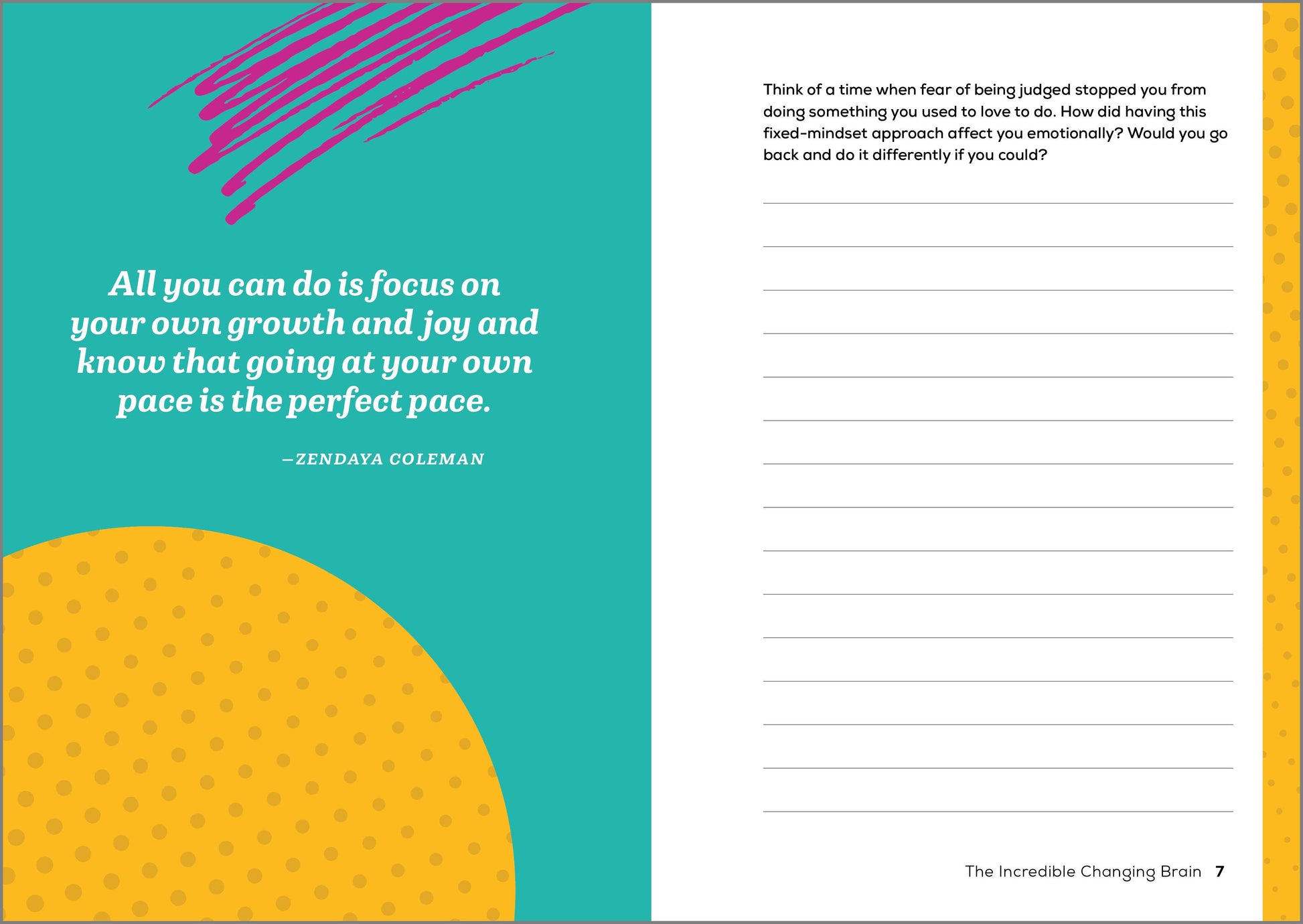 Book page with motivational quote by Zendaya Coleman on a teal and yellow background
