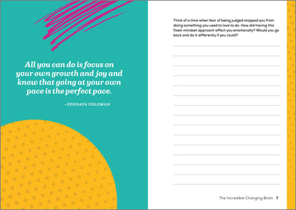 Book page with motivational quote by Zendaya Coleman on a teal and yellow background