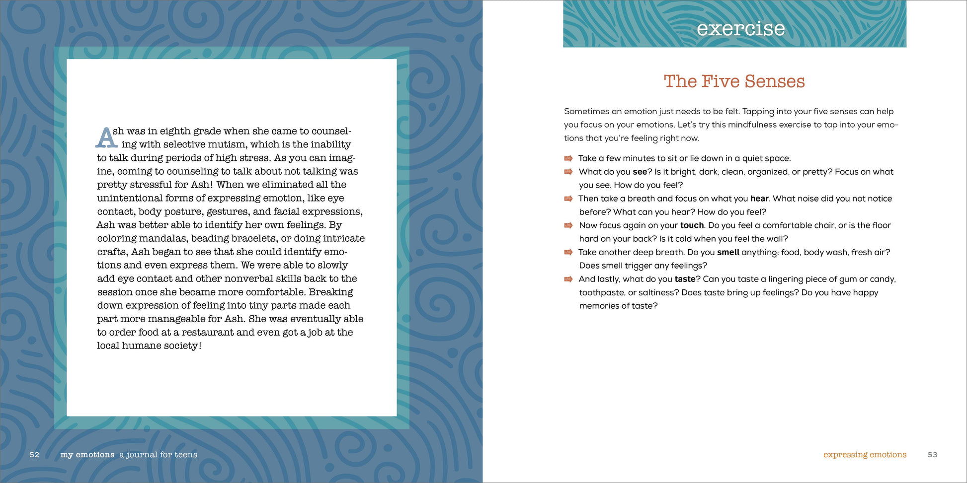 Open book showing a page with text and a blue decorative border.