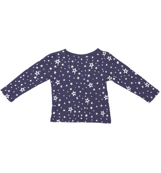 Navy blue long-sleeve shirt with white star pattern on a white background