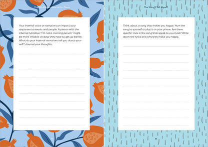 Two pages from a book with text and pomegranate pattern on a blue background