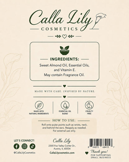 Calla Lily Cosmetics product label with ingredients and usage instructions on a beige background.