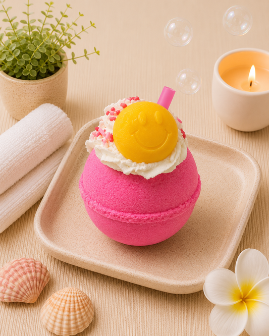 Pink bath bomb with a yellow smiley face on a beige tray, surrounded by bubbles, shells, and a candle.