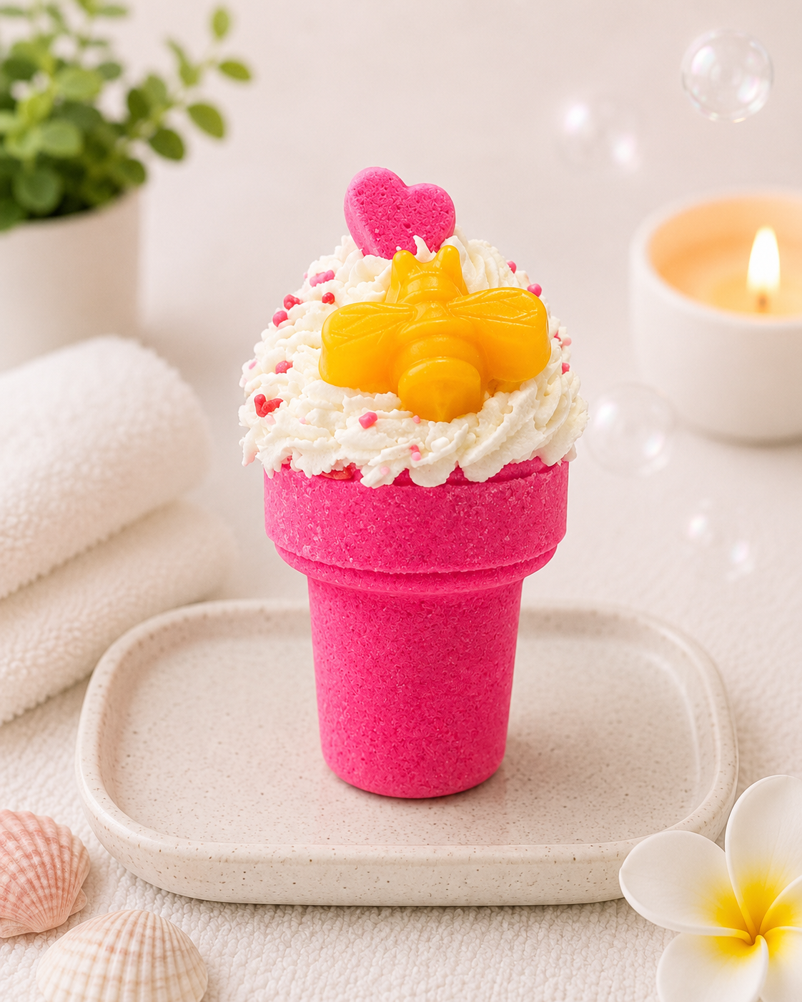 Pink cupcake-shaped candle with white frosting and yellow heart on a white surface with a plant and shell in the background.
