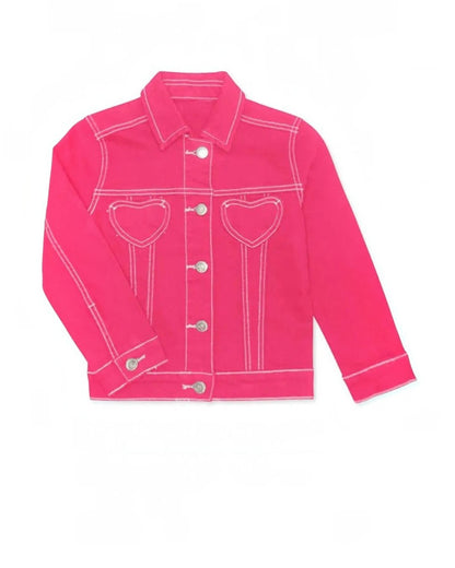 Pink denim jacket with heart designs on a white background