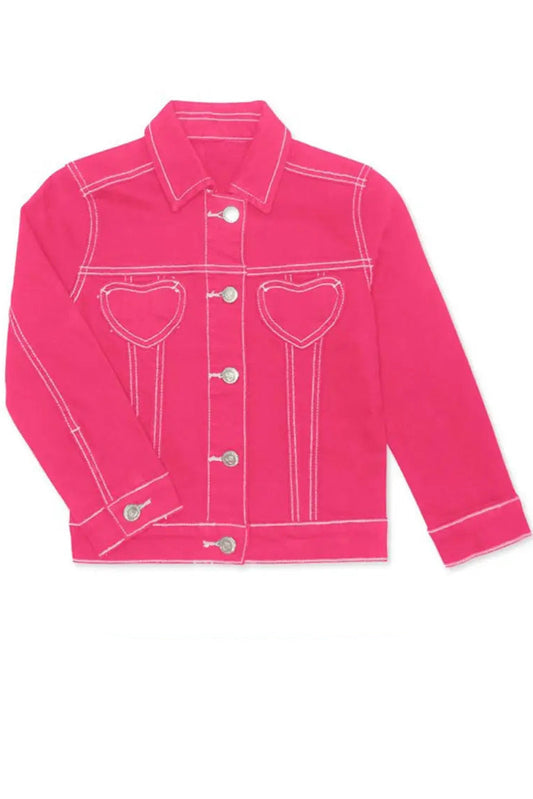 Pink denim jacket with heart designs on a white background