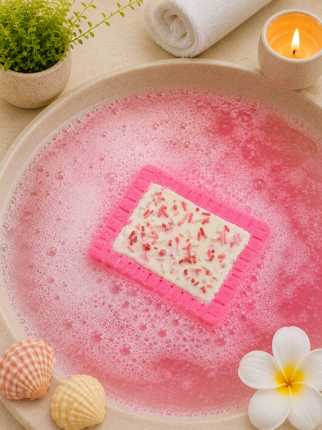Pink bath bomb with decorative elements in a bathtub filled with bubbles