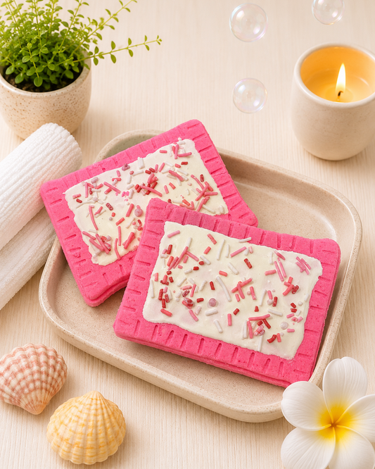 Two square coasters with white substance and red sprinkles on pink silicone mats, placed on a beige tray with decorative items.