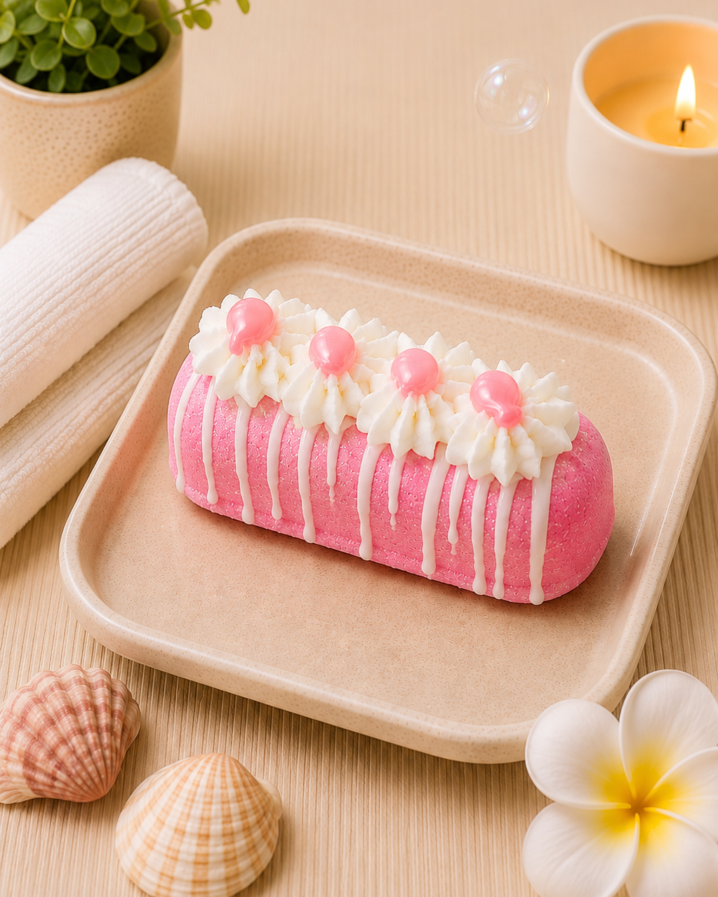A pink chocolate cake with white whipped cream and pink candy decorations sits on a beige tray, styled with seashells, a candle, a small plant, and a flower on a light beige surface.