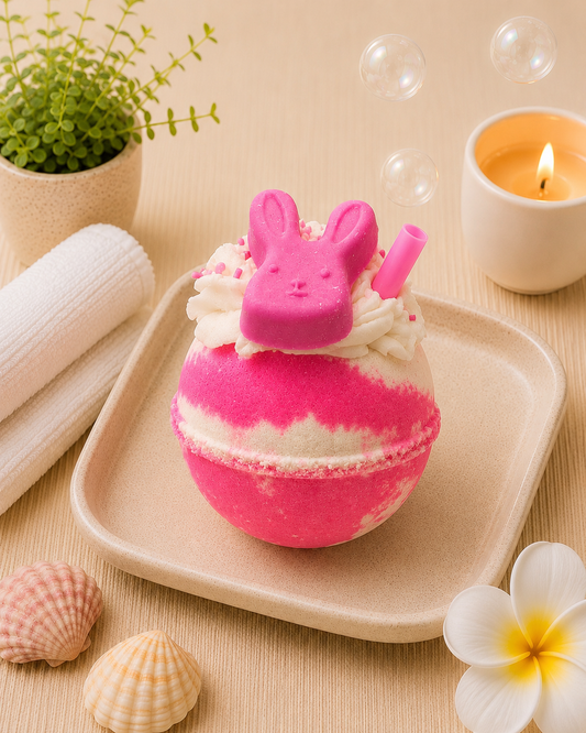 Pink and white bath bomb with bunny top on a beige tray, surrounded by bubbles, shells, and a candle.