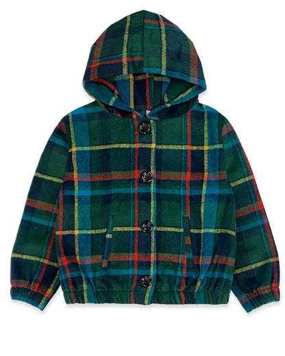 A children's hooded jacket in a green, blue, and red tartan plaid pattern, featuring a button-up front and elastic cuffs, shown on a plain white background.
