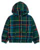 A children's hooded jacket in a green, blue, and red tartan plaid pattern, featuring a button-up front and elastic cuffs, shown on a plain white background.