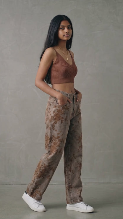 Vintage Floral Jacquard Wide Leg Denim Pants