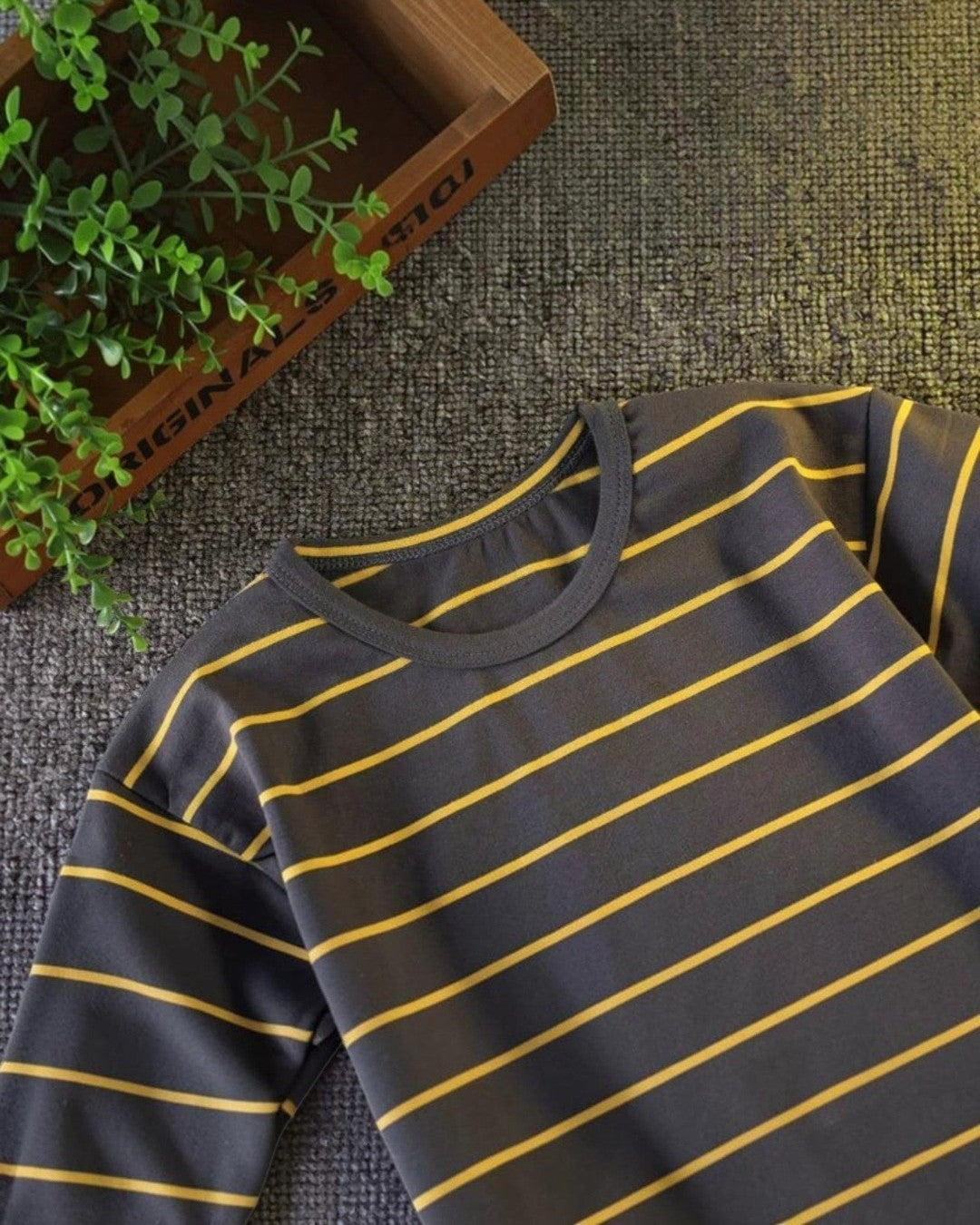Striped shirt with yellow lines on a textured surface with a plant in the background