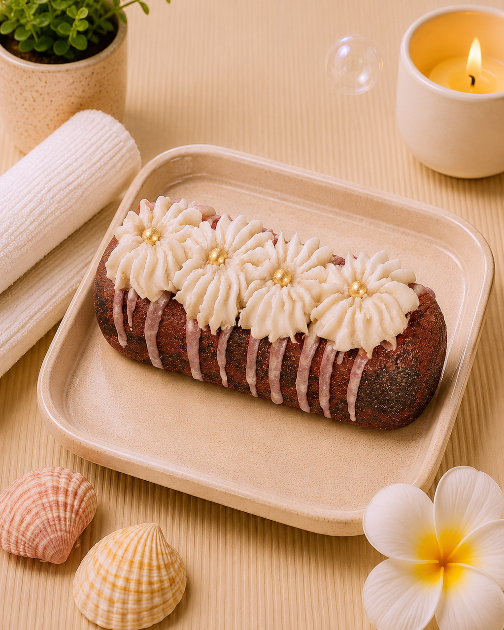 A chocolate cake with piped cream frosting and pink drizzle, presented on a beige tray with decorative props including shells, a candle, and a small plant.