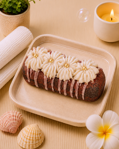 A chocolate cake with piped cream frosting and pink drizzle, presented on a beige tray with decorative props including shells, a candle, and a small plant.