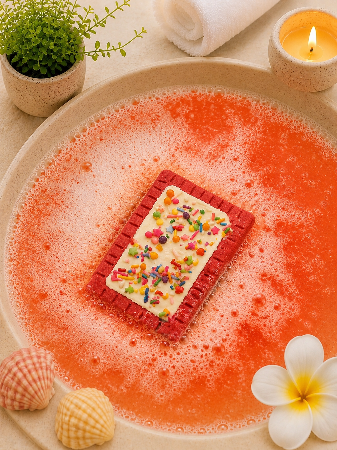 Rectangular cake with colorful sprinkles on a red bubble bath, surrounded by shells and a candle.