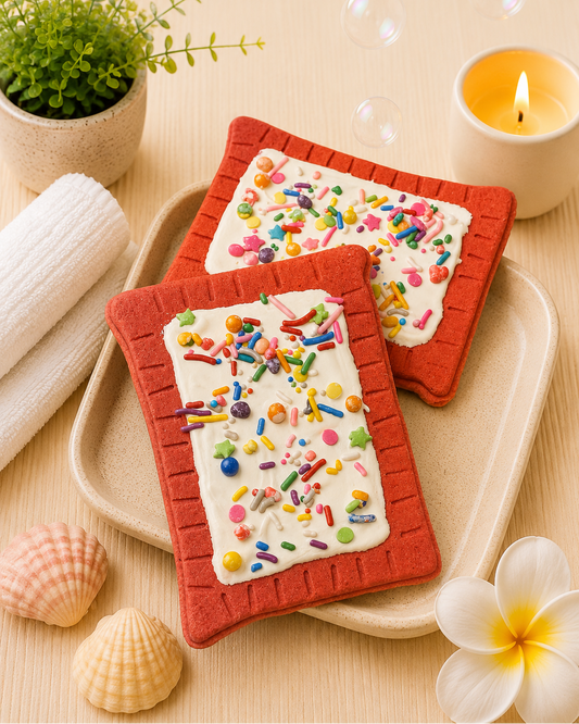 Two square coasters with red borders and colorful sprinkles on a beige plate, surrounded by decorative items.