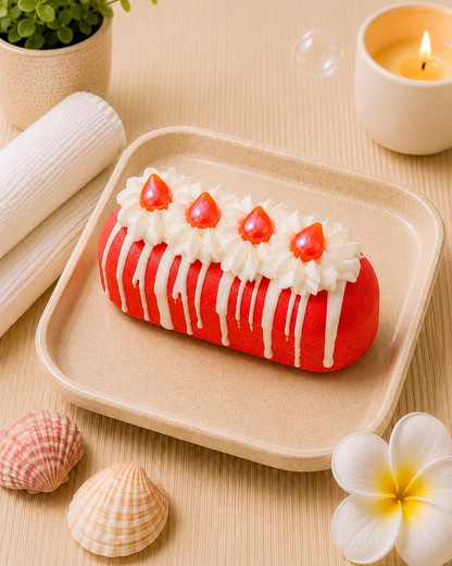 A red cake roll decorated with white whipped cream and four red cherries, served on a beige tray with a candle, shells, and a small plant in the background.